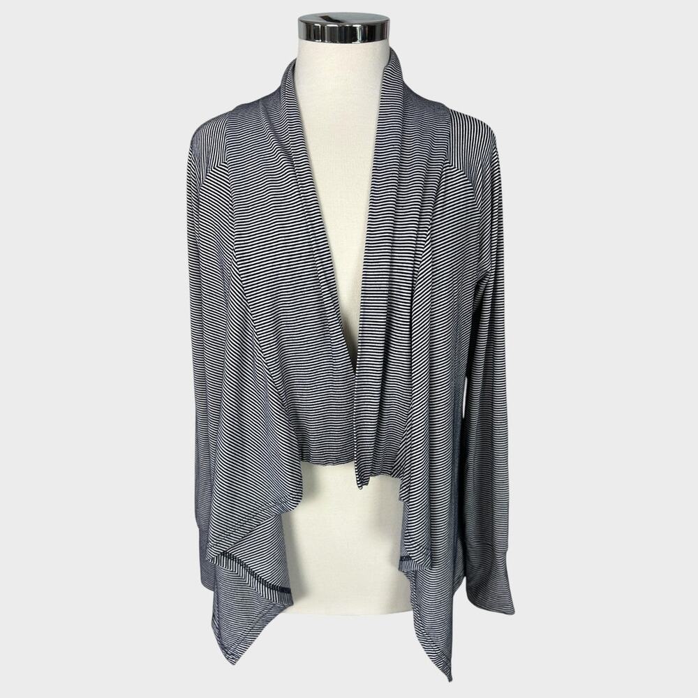 Hawthorne Small Open Front Navy Blue White Striped Cardigan Rayon Spandex